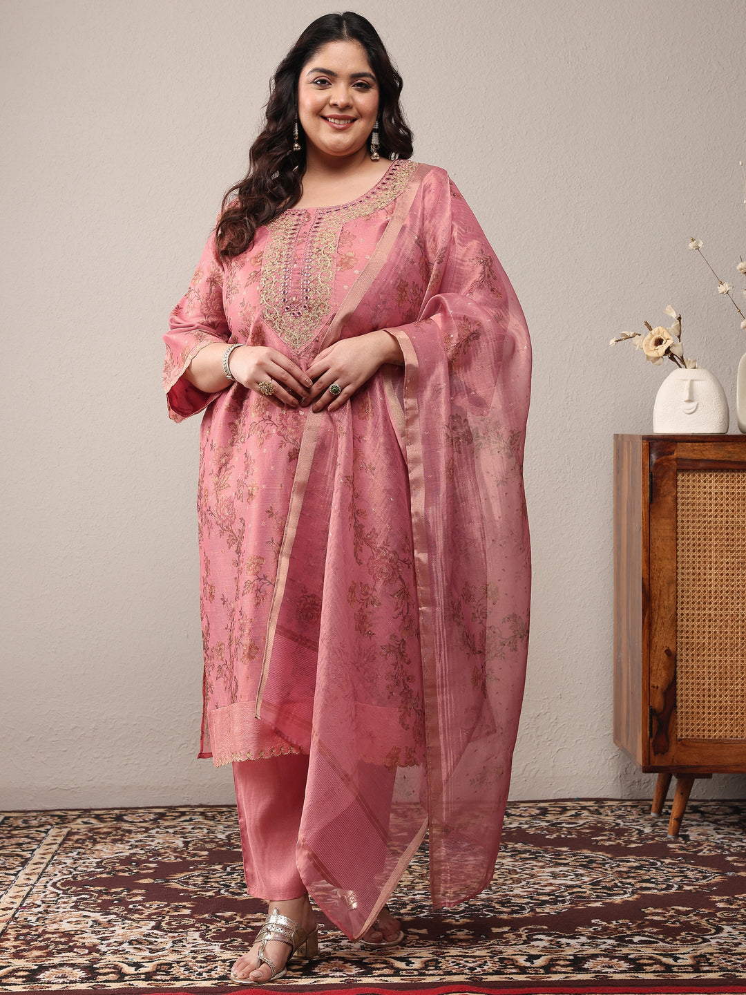Plus Size Peach Embroidered Silk Blend Straight Suit Set With Dupatta