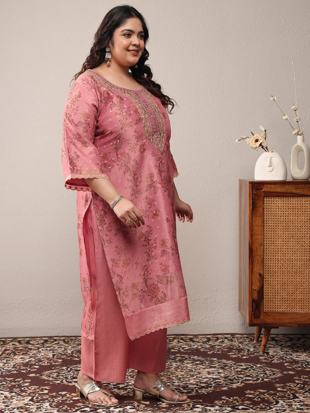 Plus Size Peach Embroidered Silk Blend Straight Suit Set With Dupatta
