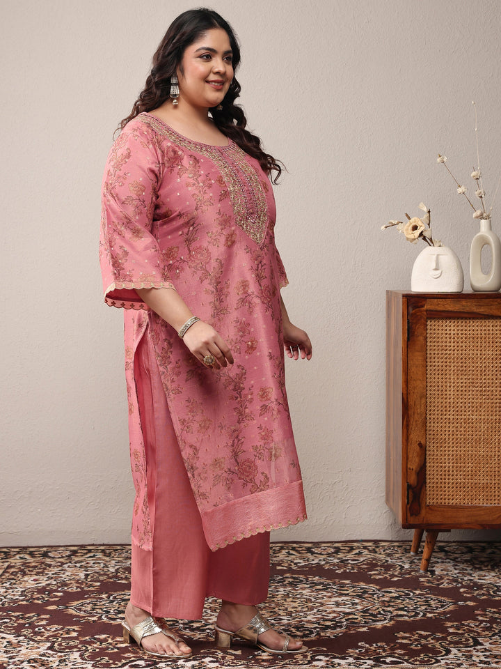 Plus Size Peach Embroidered Silk Blend Straight Suit Set With Dupatta