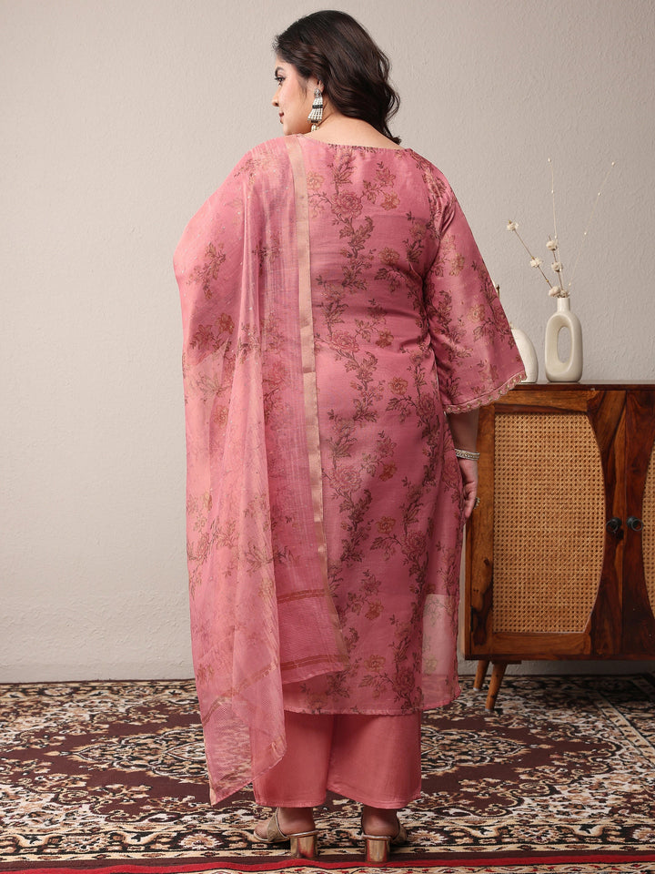 Plus Size Peach Embroidered Silk Blend Straight Suit Set With Dupatta