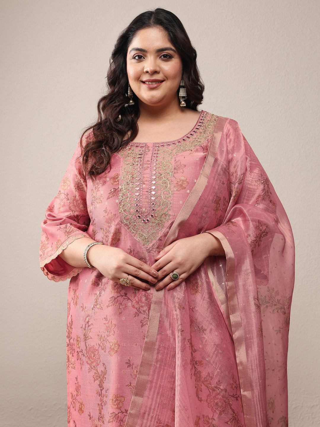 Plus Size Peach Embroidered Silk Blend Straight Suit Set With Dupatta