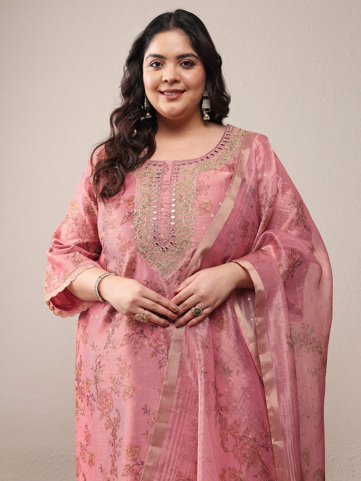 Plus Size Peach Embroidered Silk Blend Straight Suit Set With Dupatta
