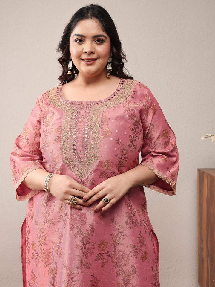 Plus Size Peach Embroidered Silk Blend Straight Suit Set With Dupatta