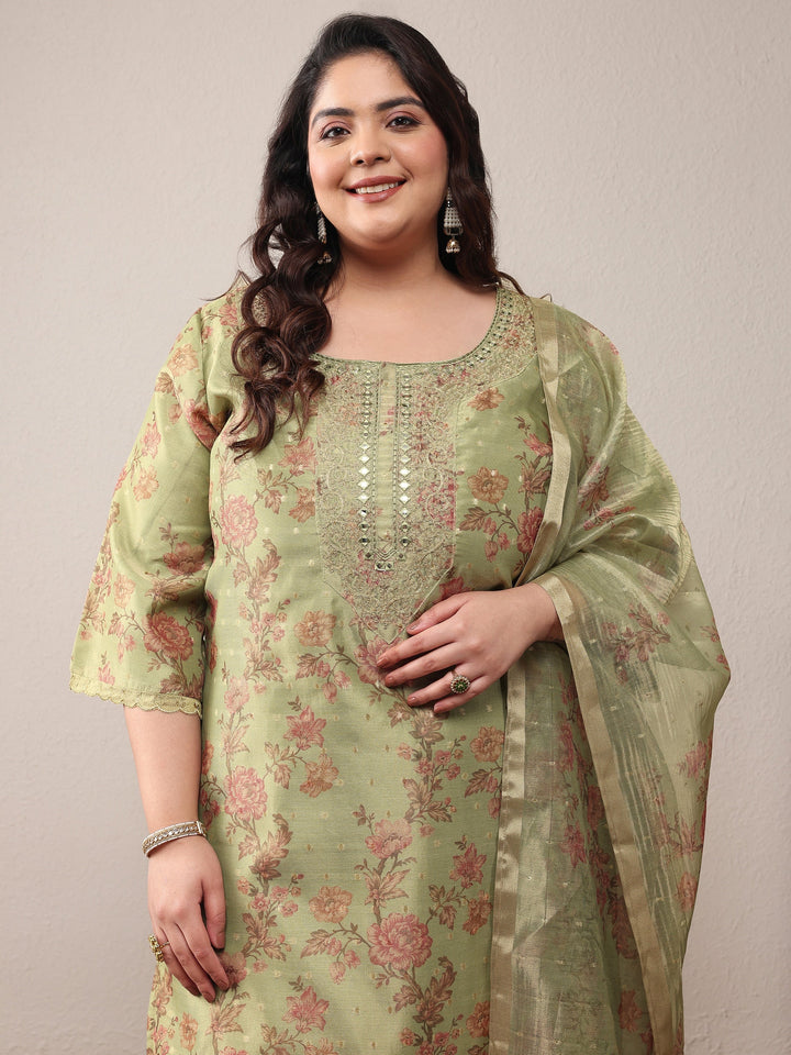 Plus Size Green Printed Silk Blend Straight Suit Set With Dupatta