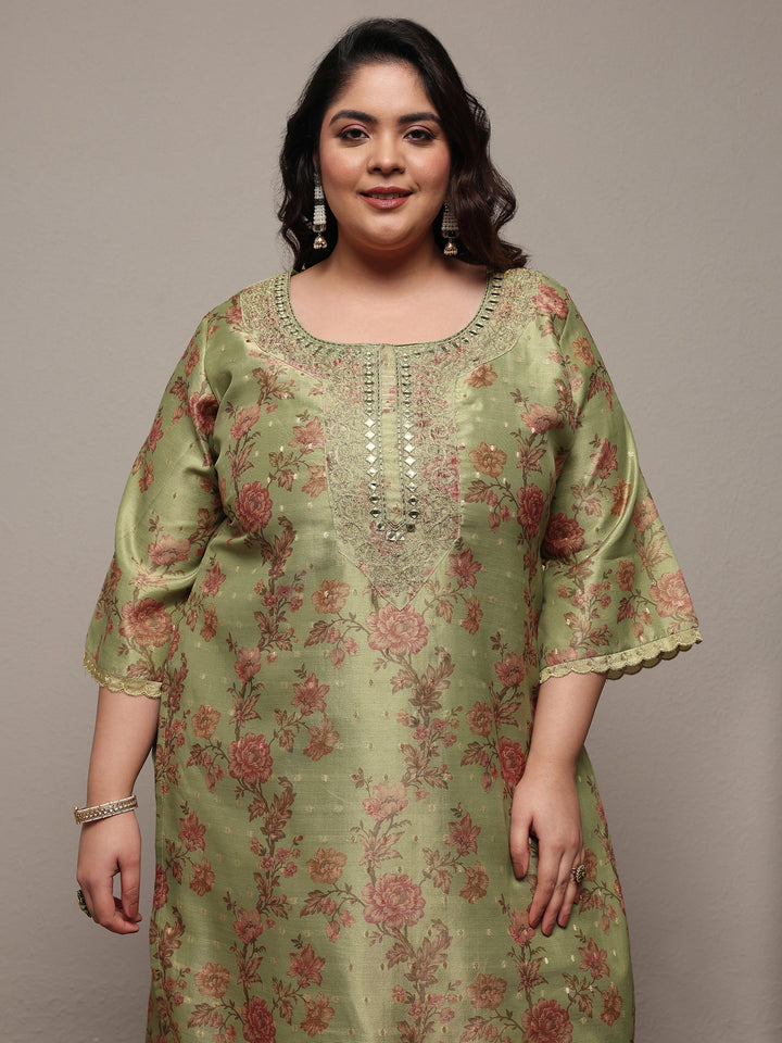 Plus Size Green Printed Silk Blend Straight Suit Set With Dupatta