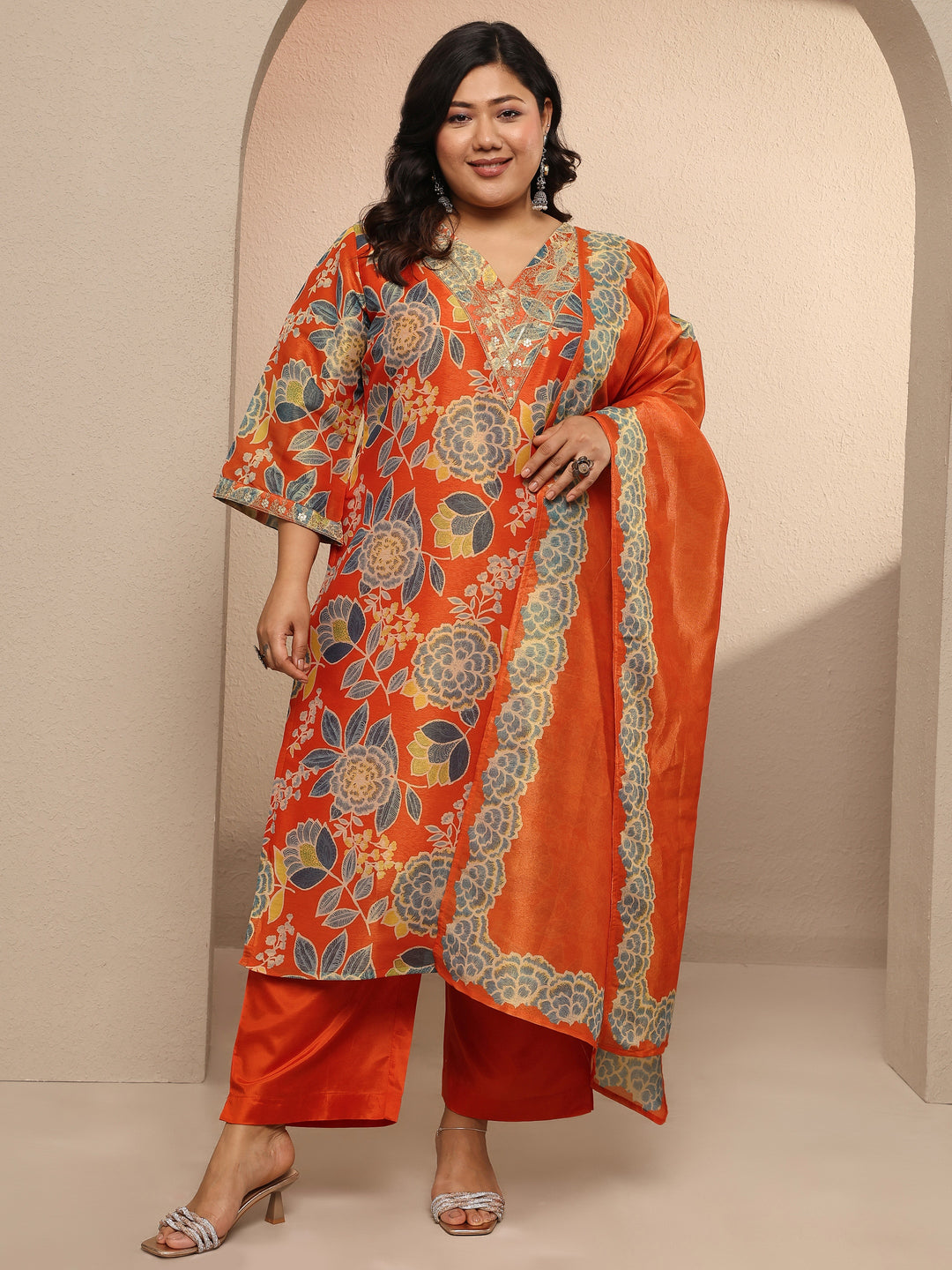 Plus Size Orange Printed Silk blend Suit Set With Dupatta