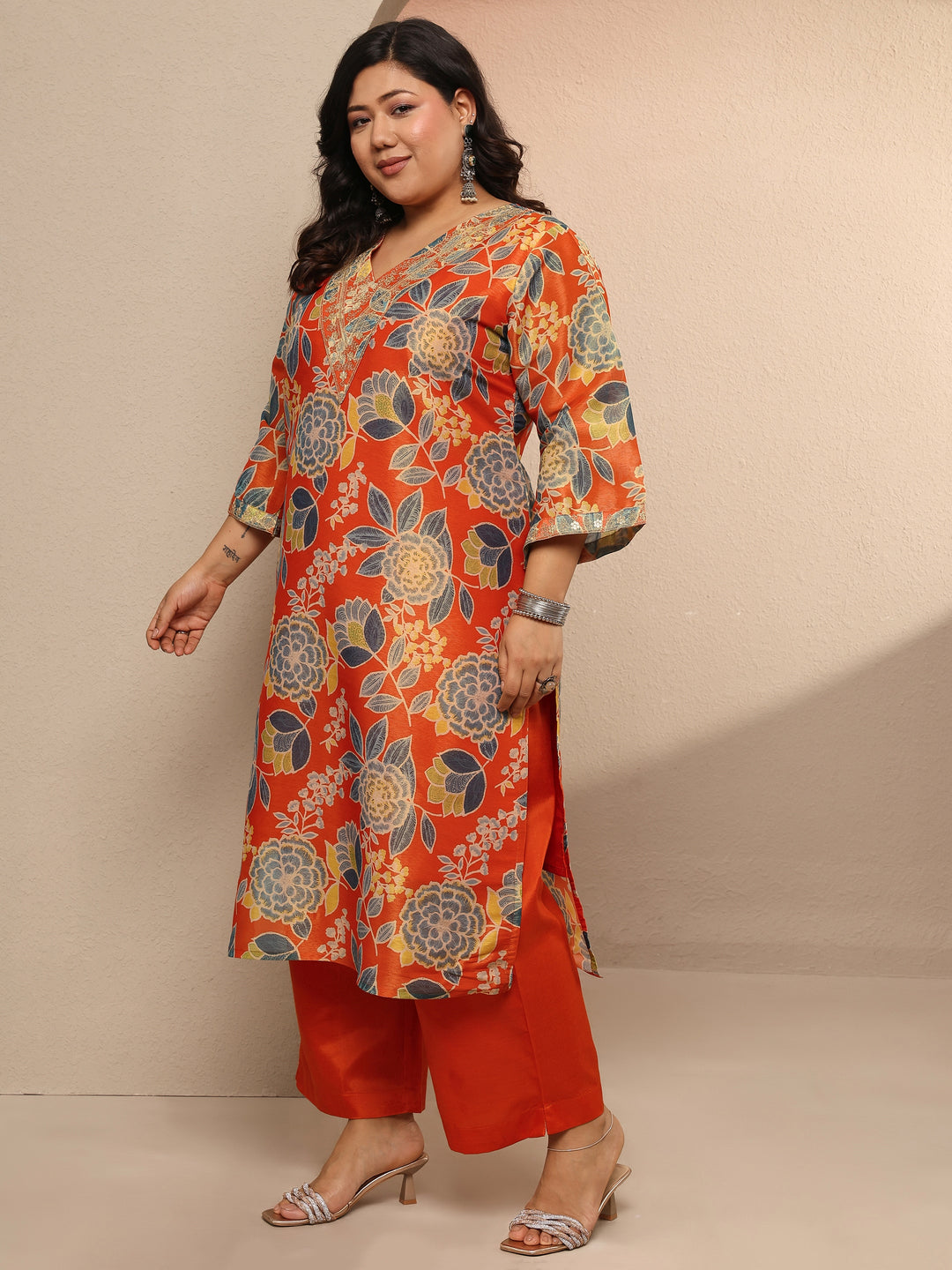 Plus Size Orange Printed Silk blend Suit Set With Dupatta