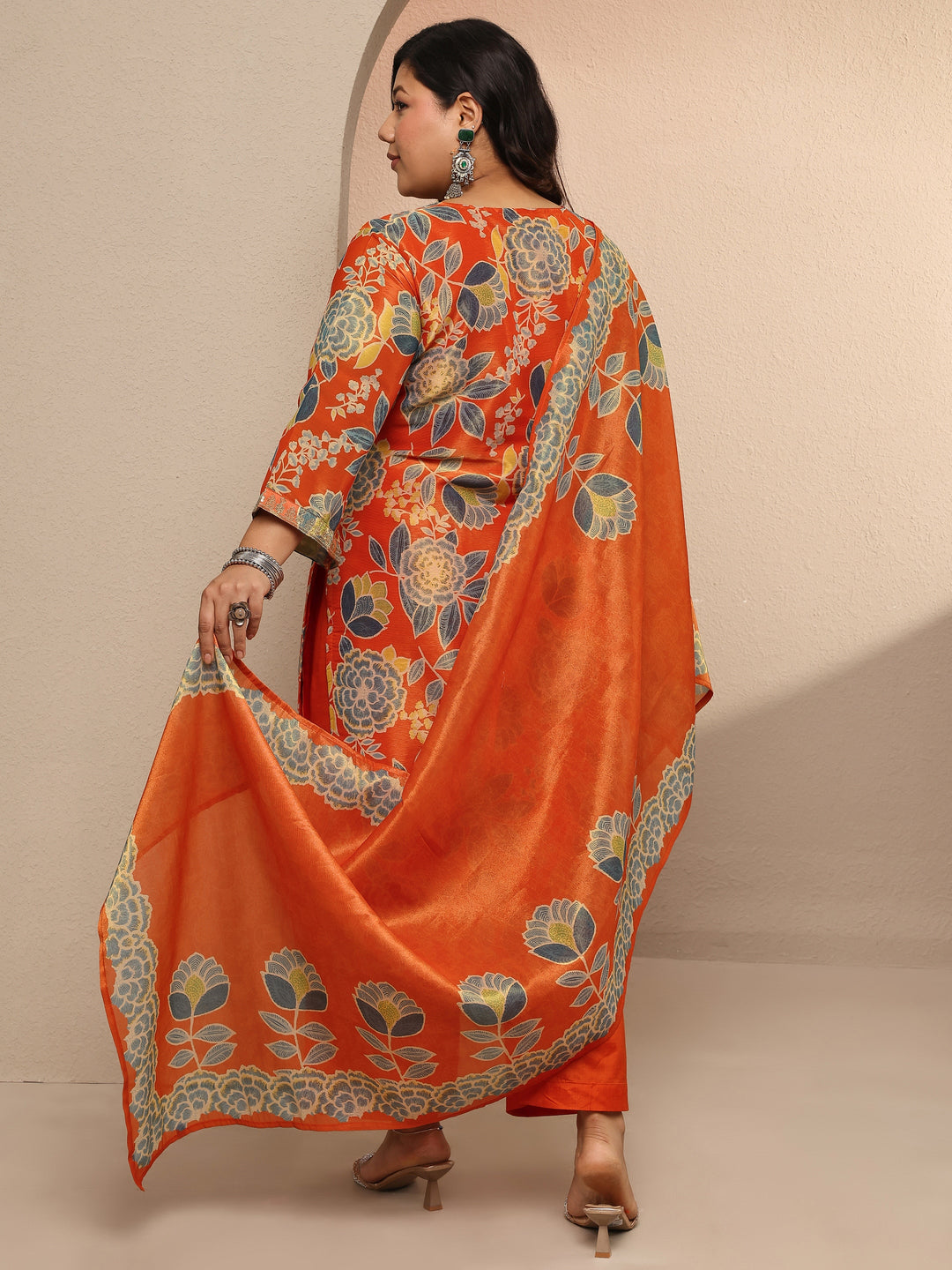 Plus Size Orange Printed Silk blend Suit Set With Dupatta