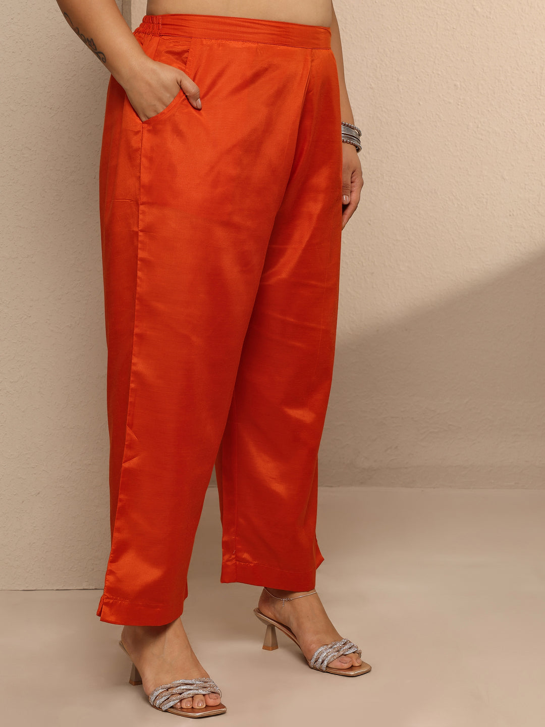 Plus Size Orange Printed Silk blend Suit Set With Dupatta