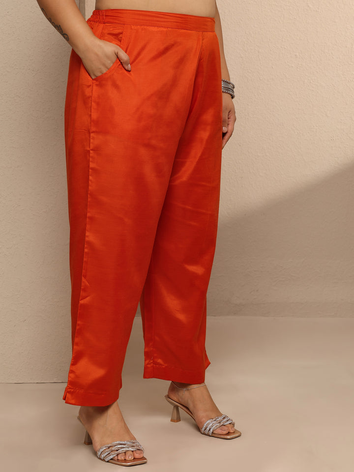 Plus Size Orange Printed Silk blend Suit Set With Dupatta