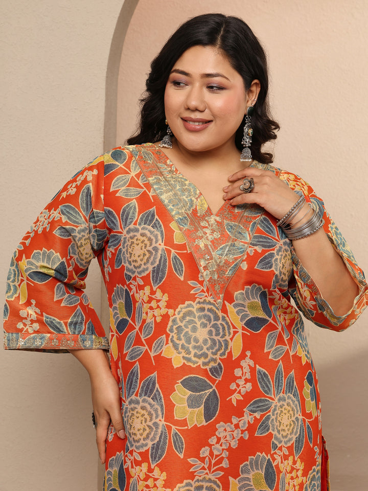 Plus Size Orange Printed Silk blend Suit Set With Dupatta