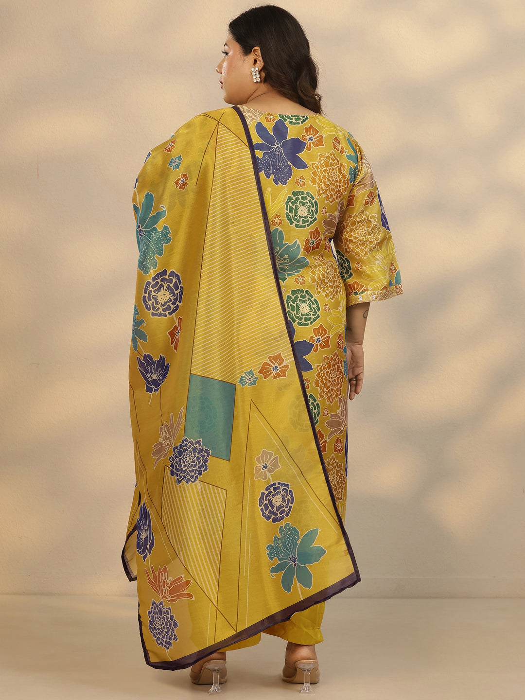 Plus Size Mustard Printed Silk Blend Straight Suit Set With Dupatta