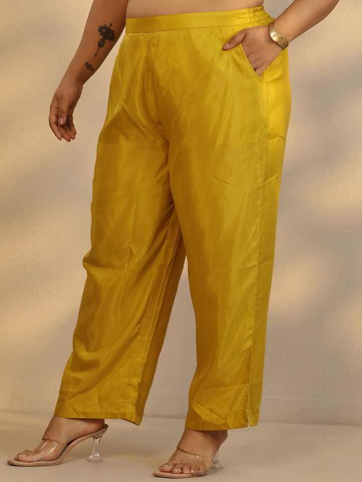 Plus Size Mustard Printed Silk Blend Straight Suit Set With Dupatta