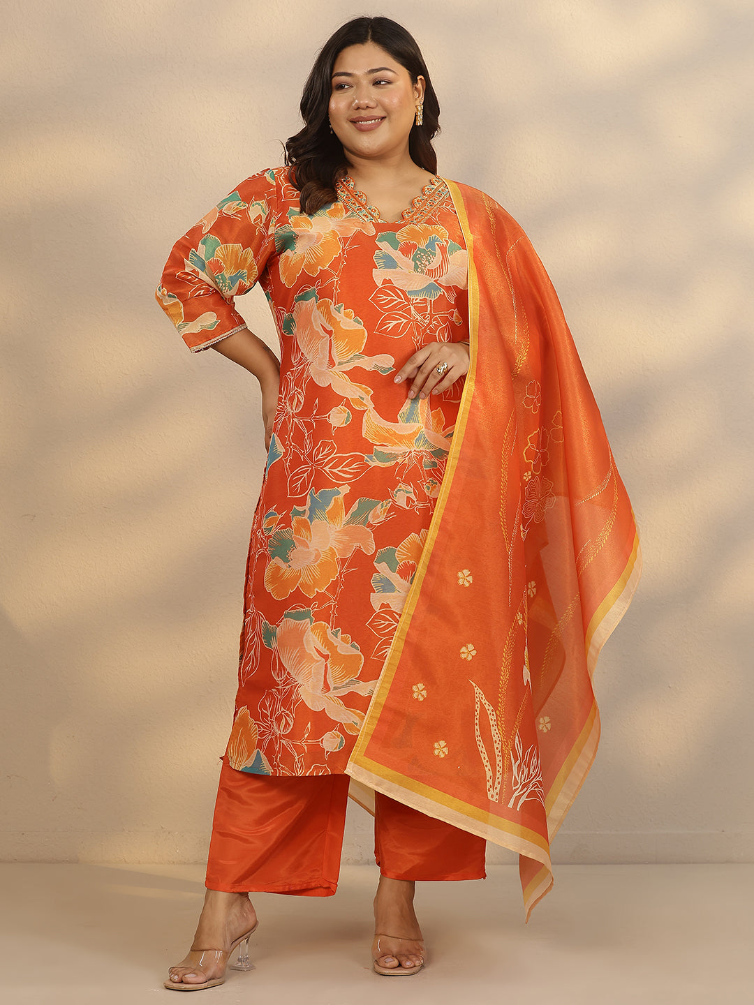 Plus Size Orange Printed Silk Blend Straight Suit Set With Dupatta