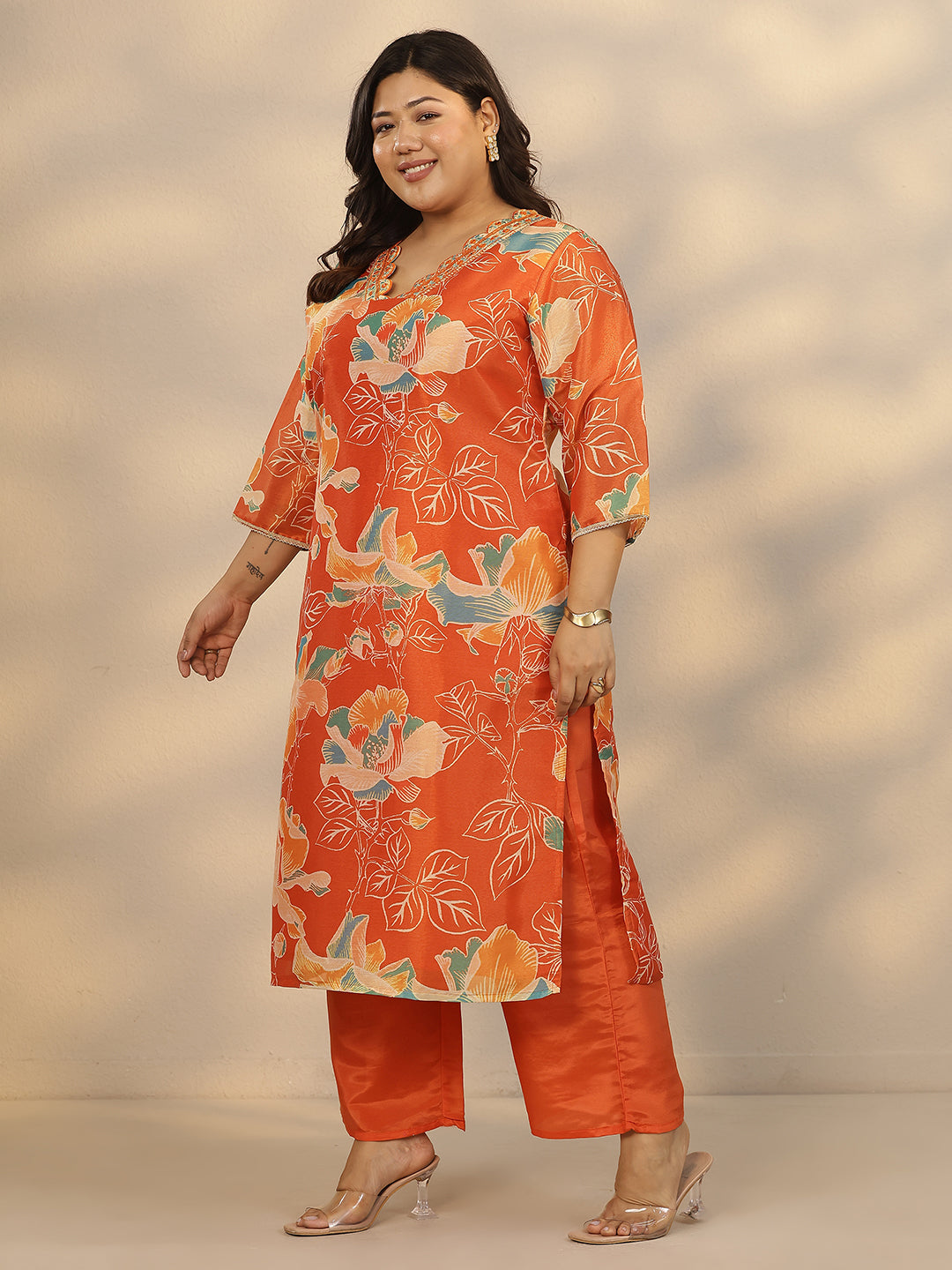 Plus Size Orange Printed Silk Blend Straight Suit Set With Dupatta