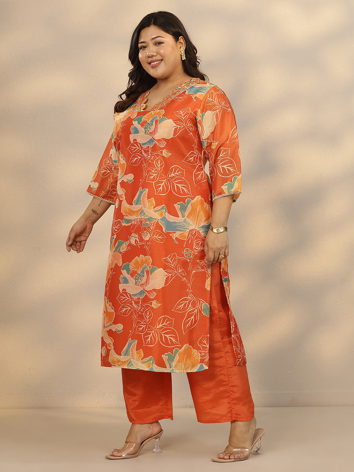 Plus Size Orange Printed Silk Blend Straight Suit Set With Dupatta