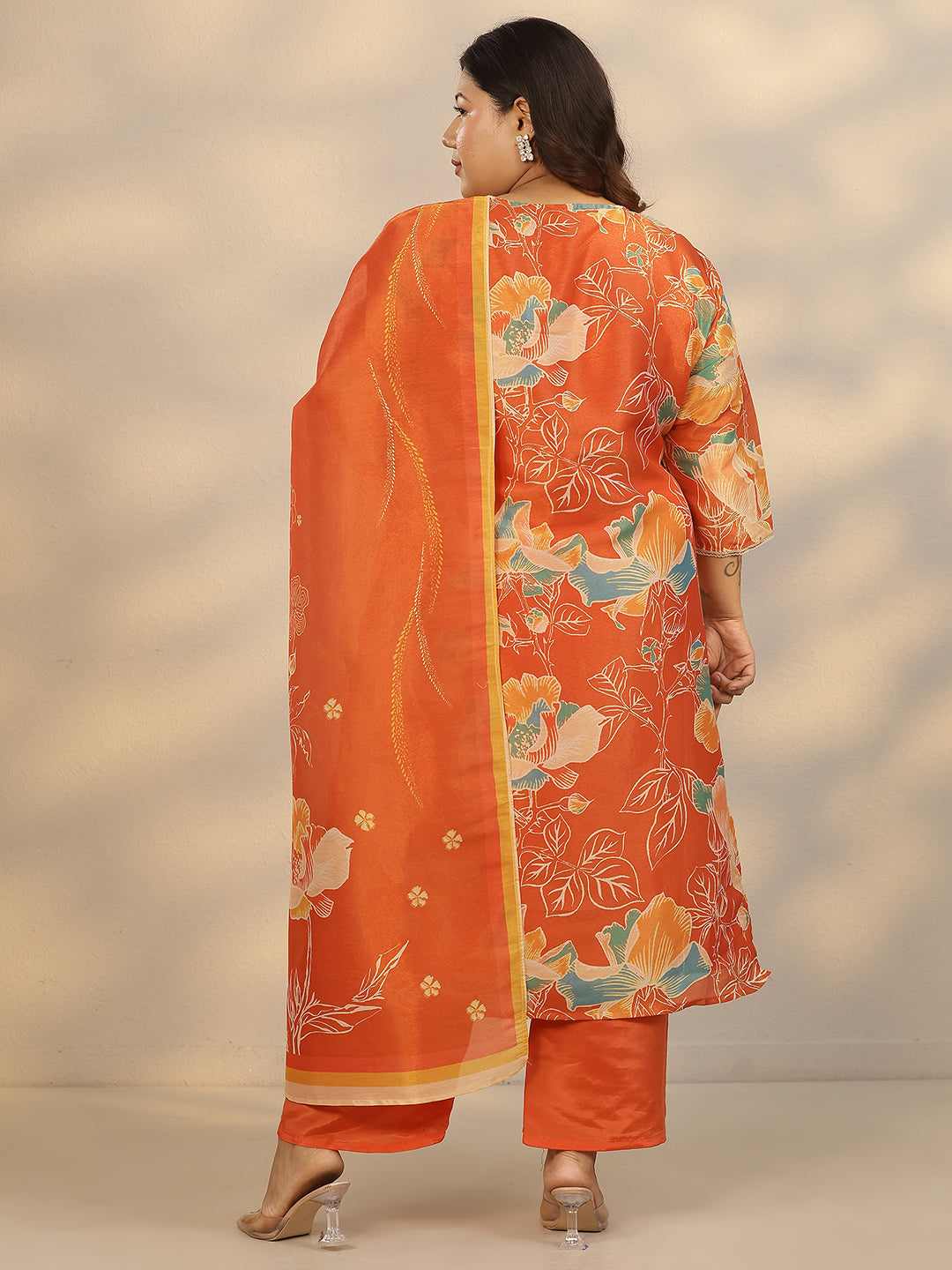 Plus Size Orange Printed Silk Blend Straight Suit Set With Dupatta