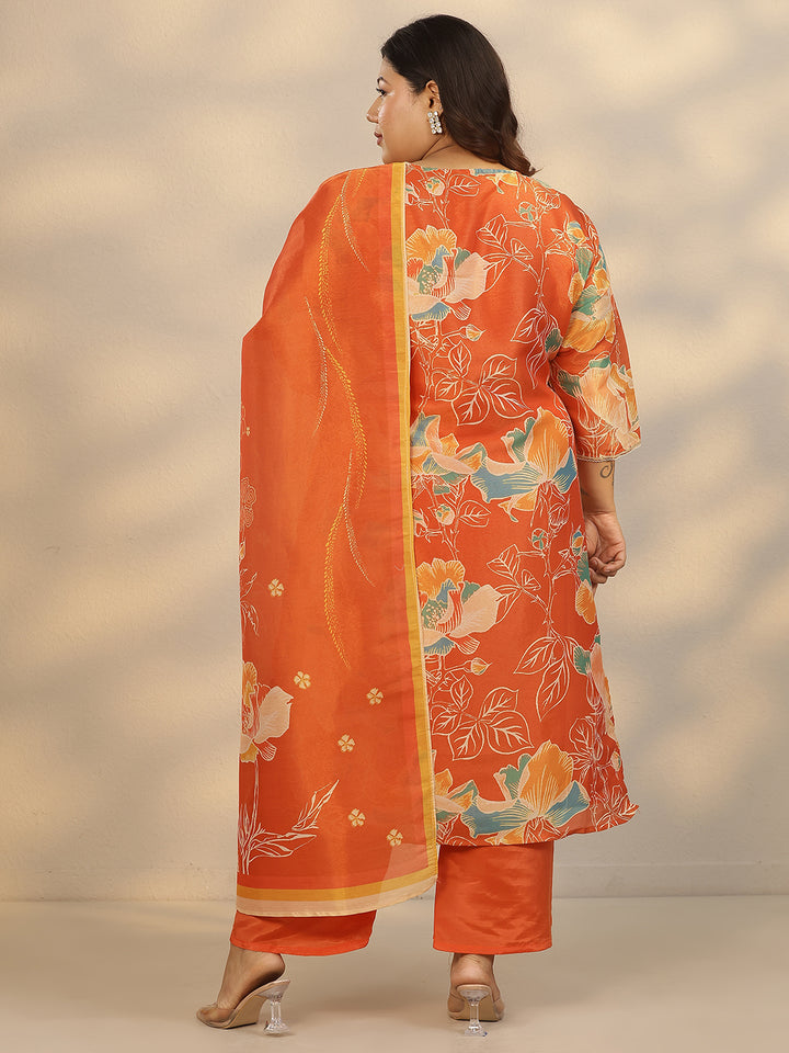 Plus Size Orange Printed Silk Blend Straight Suit Set With Dupatta
