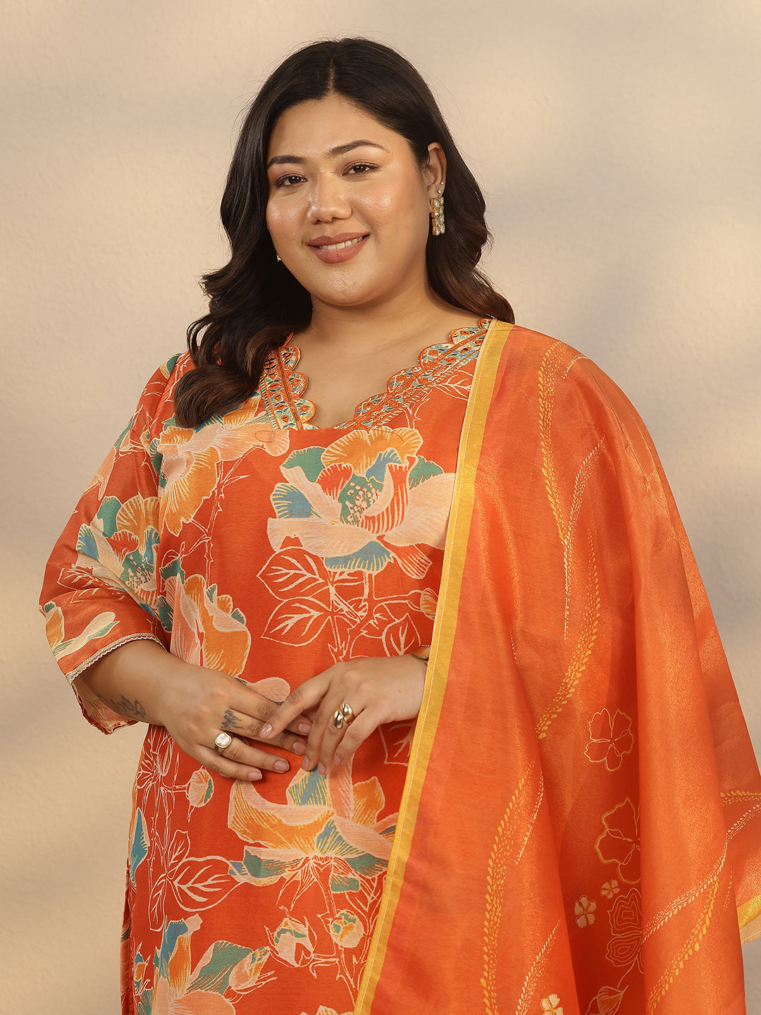 Plus Size Orange Printed Silk Blend Straight Suit Set With Dupatta