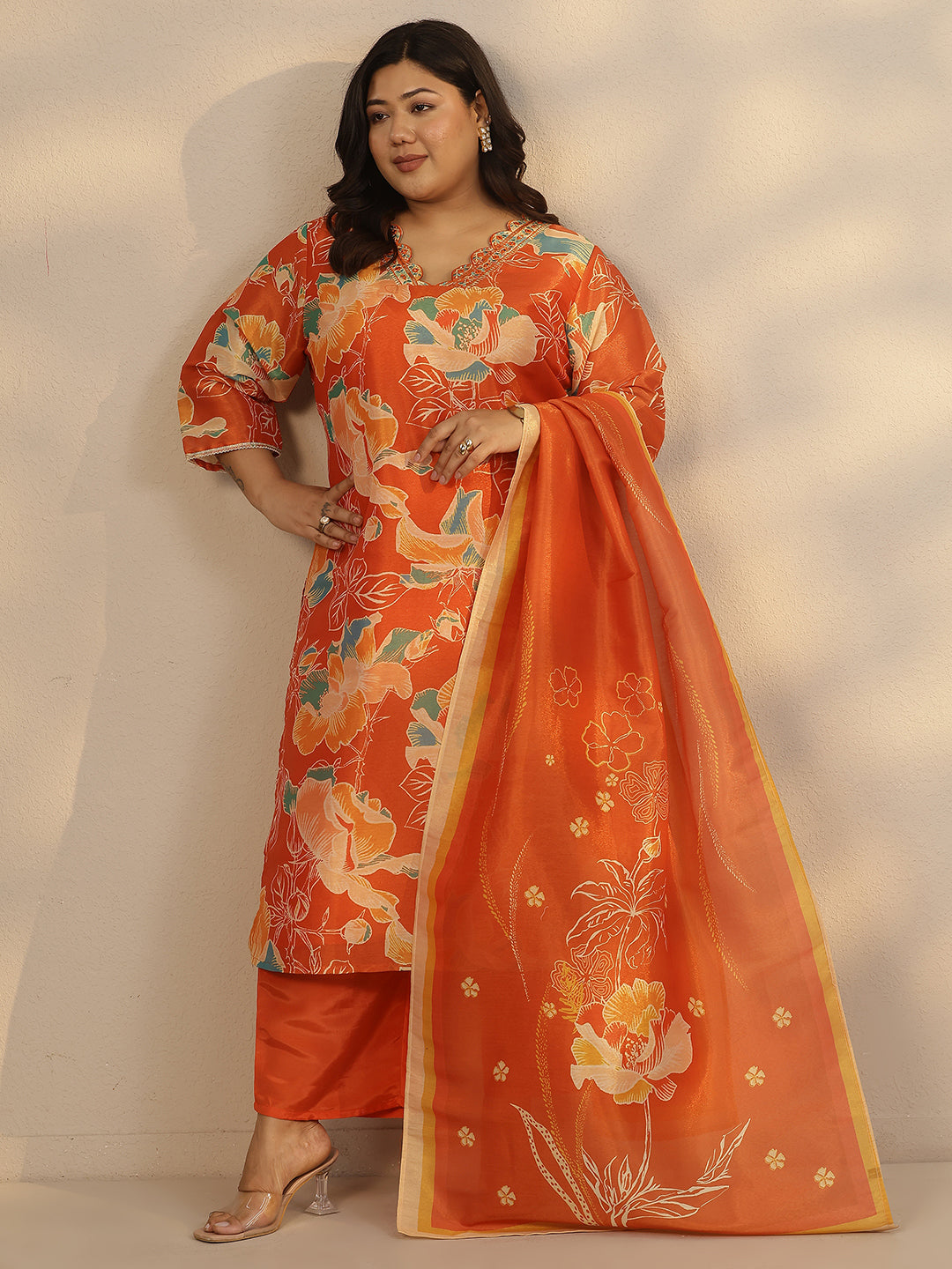Plus Size Orange Printed Silk Blend Straight Suit Set With Dupatta