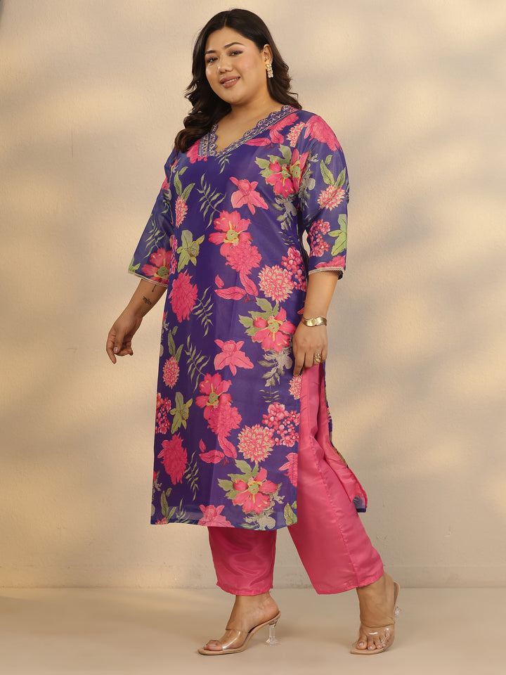 Plus Size Blue Printed Silk Blend Straight Suit Set With Dupatta