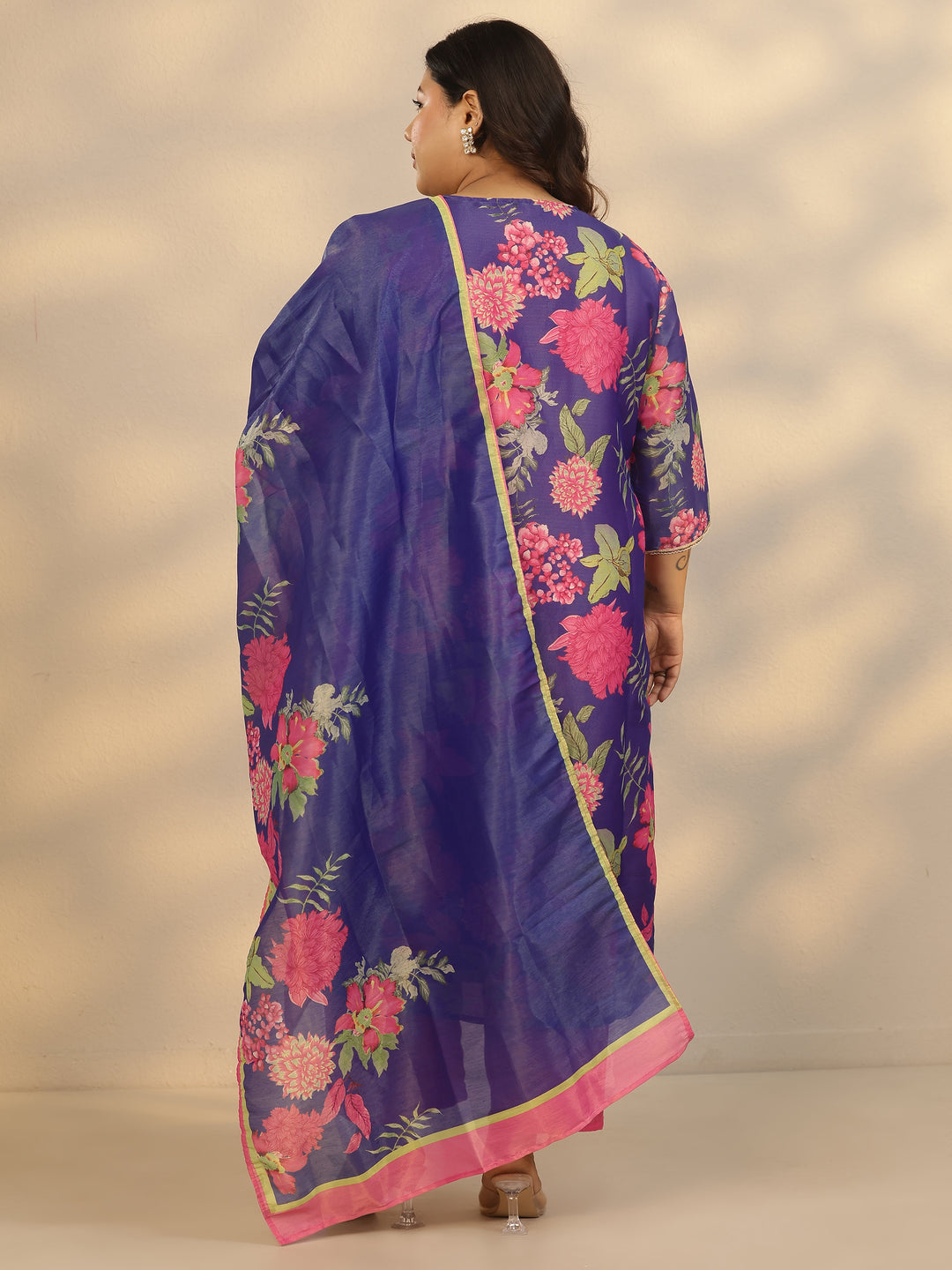 Plus Size Blue Printed Silk Blend Straight Suit Set With Dupatta