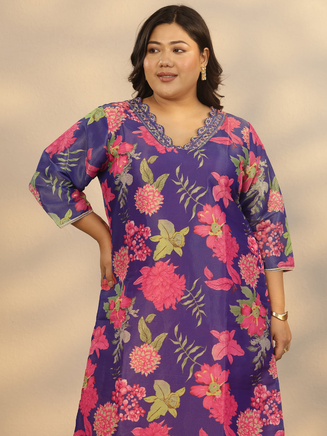 Plus Size Blue Printed Silk Blend Straight Suit Set With Dupatta