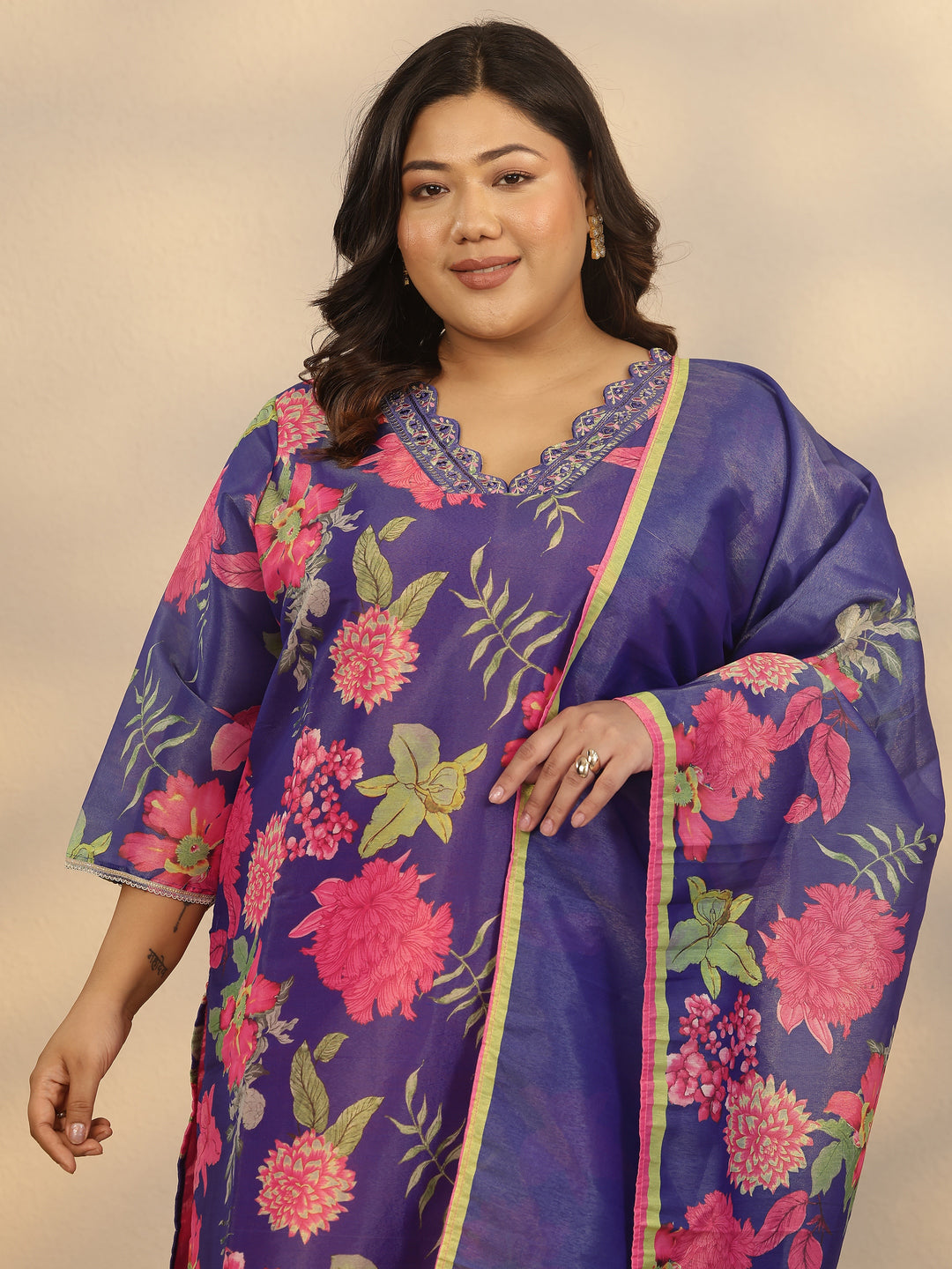 Plus Size Blue Printed Silk Blend Straight Suit Set With Dupatta