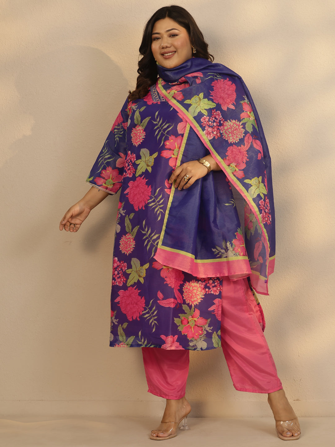 Plus Size Blue Printed Silk Blend Straight Suit Set With Dupatta