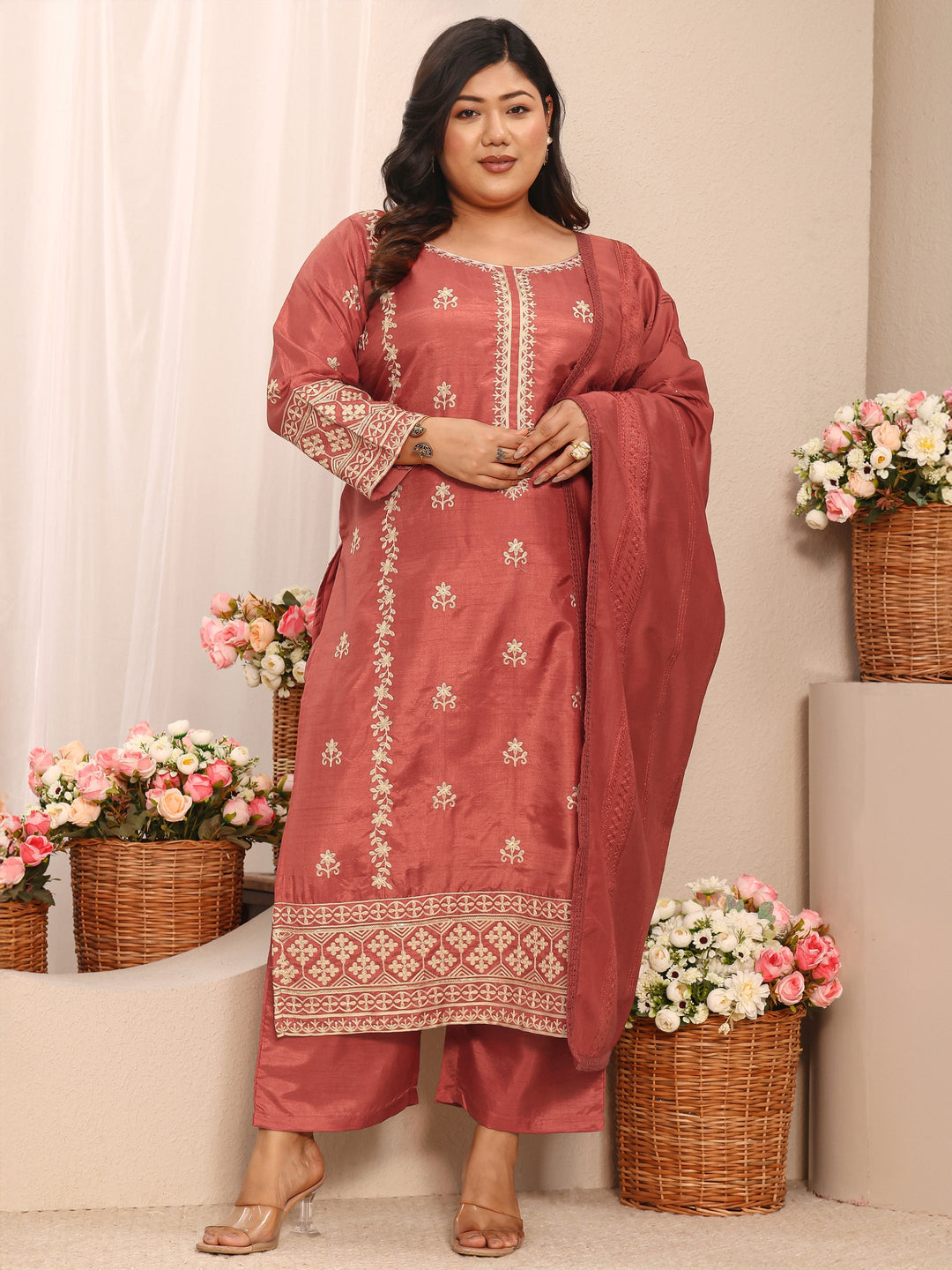 Plus Size Coral Embroidered Silk Blend Straight Suit Set With Dupatta