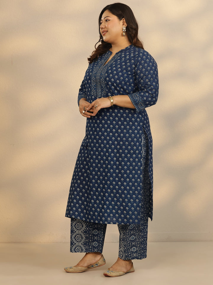 Plus Size Blue Printed Cotton Straight Suit Set With Dupatta