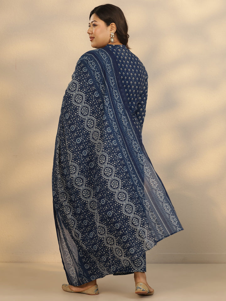 Plus Size Blue Printed Cotton Straight Suit Set With Dupatta
