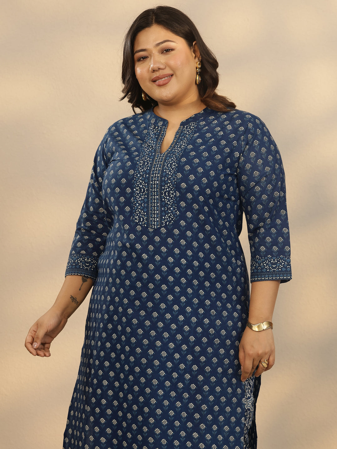 Plus Size Blue Printed Cotton Straight Suit Set With Dupatta