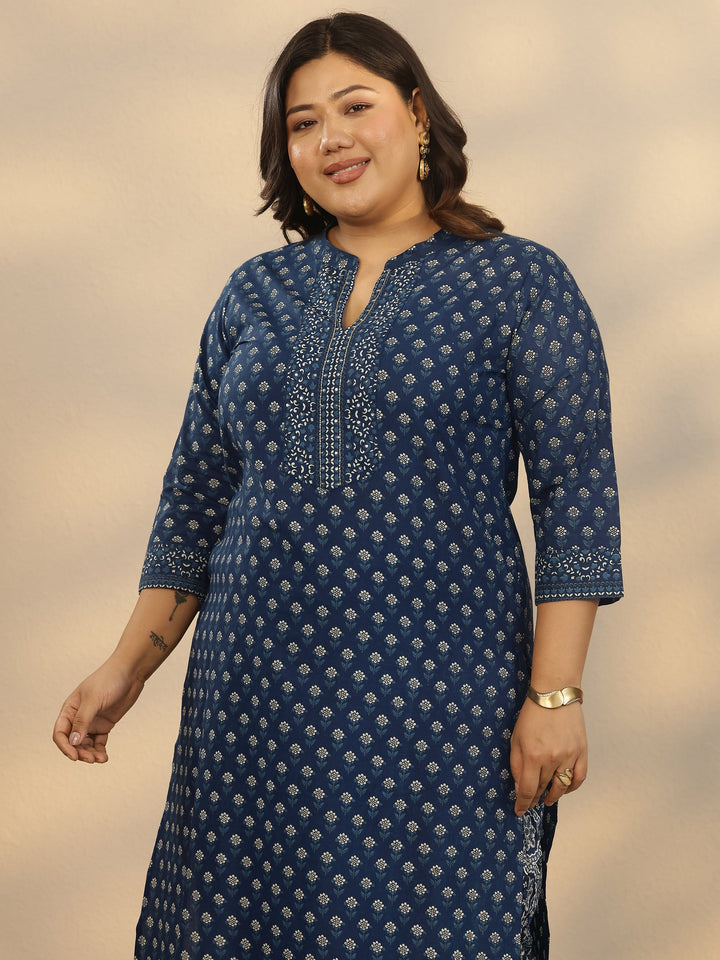 Plus Size Blue Printed Cotton Straight Suit Set With Dupatta
