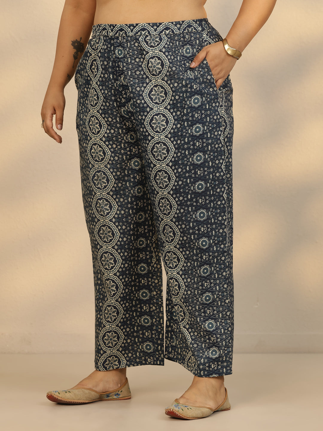 Plus Size Blue Printed Cotton Straight Suit Set With Dupatta