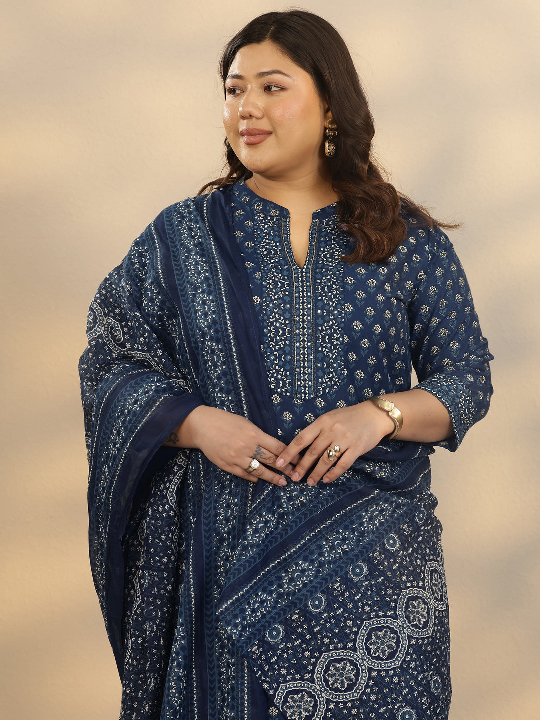 Plus Size Blue Printed Cotton Straight Suit Set With Dupatta