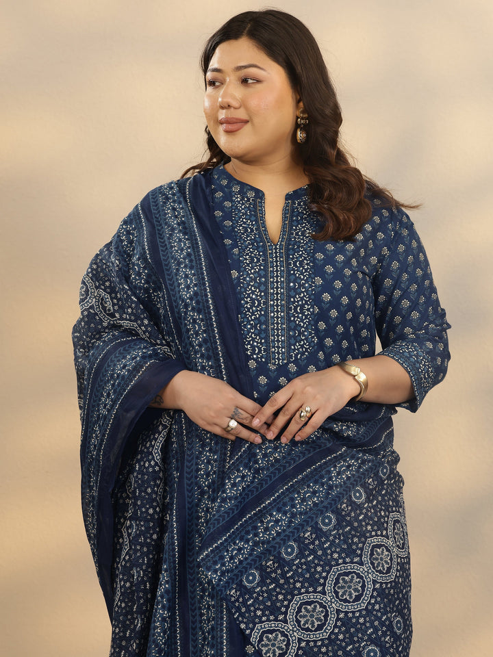 Plus Size Blue Printed Cotton Straight Suit Set With Dupatta