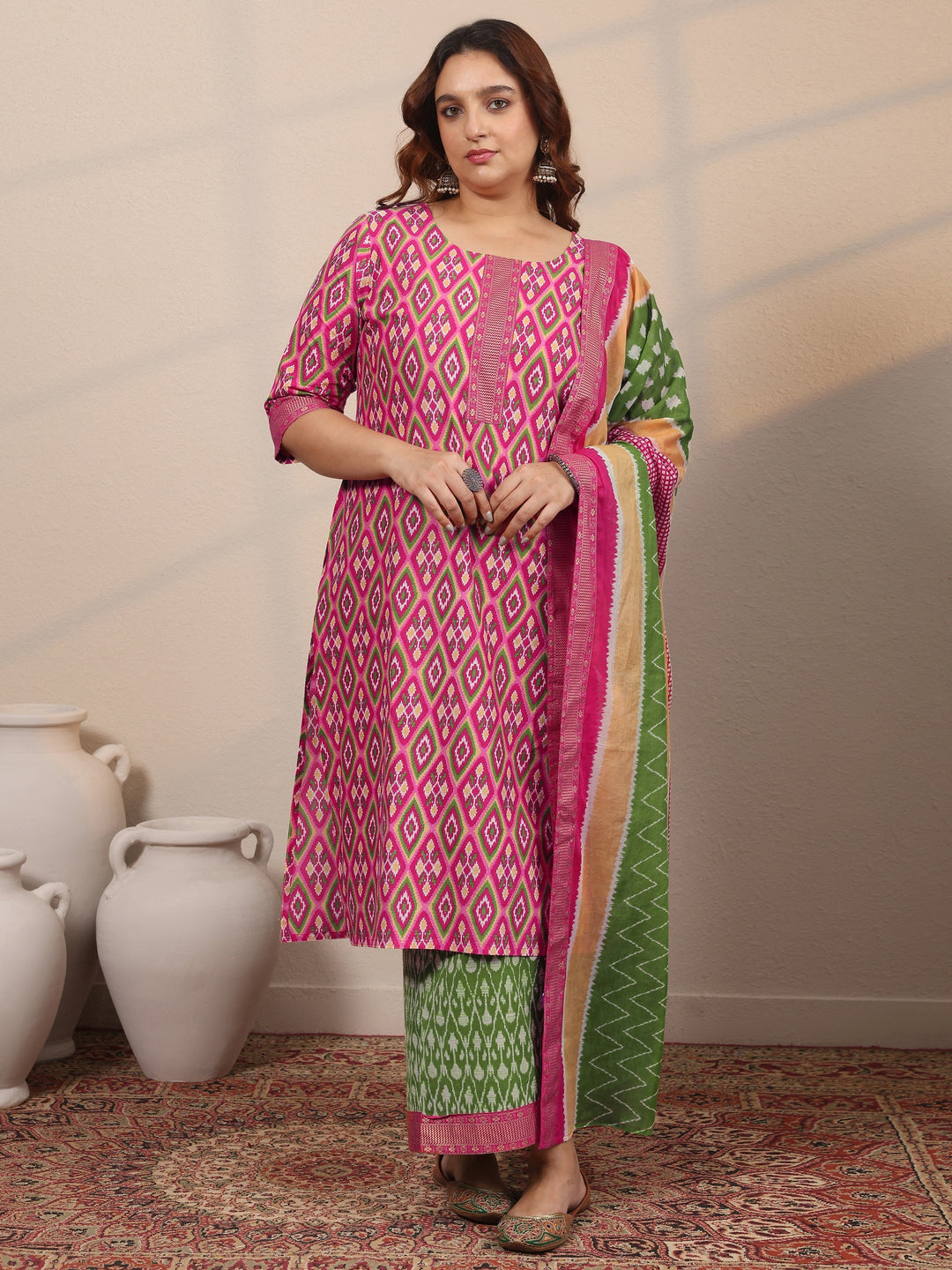 Plus Size Pink Printed Cotton Straight Suit Set With Dupatta
