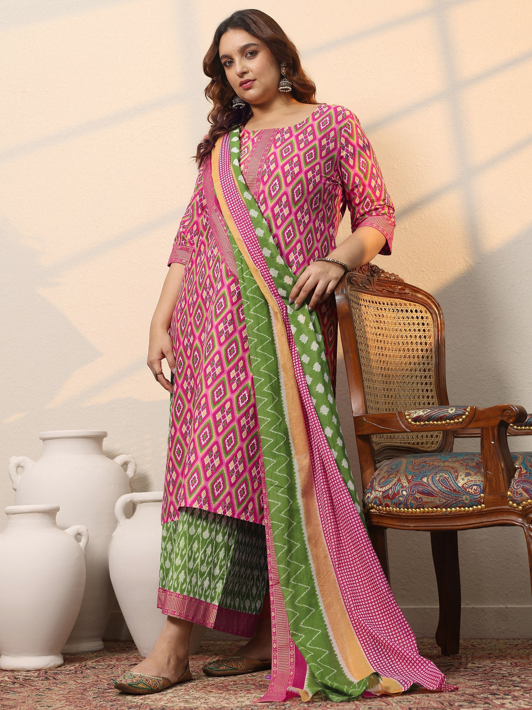 Plus Size Pink Printed Cotton Straight Suit Set With Dupatta