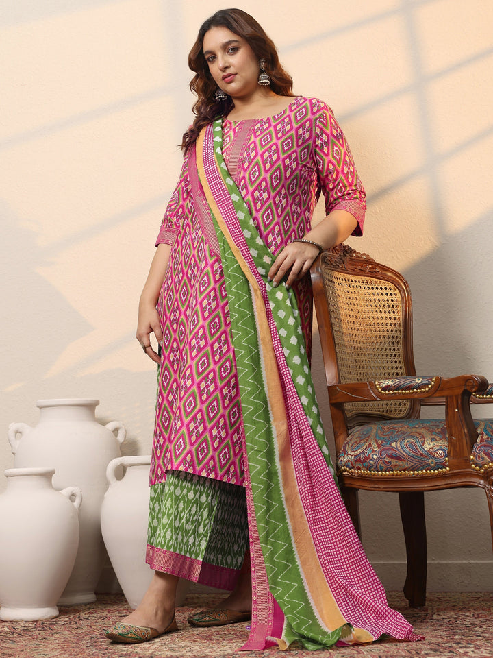 Plus Size Pink Printed Cotton Straight Suit Set With Dupatta