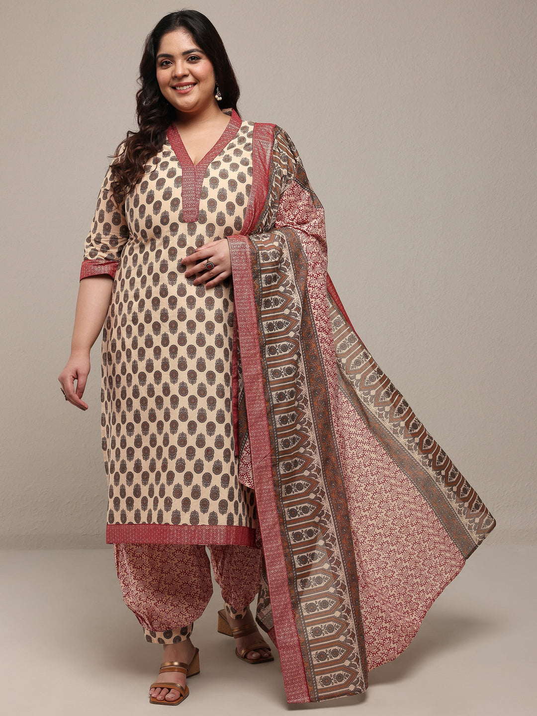 Plus Size Beige Printed Cotton Blend Straight Suit Set With Dupatta