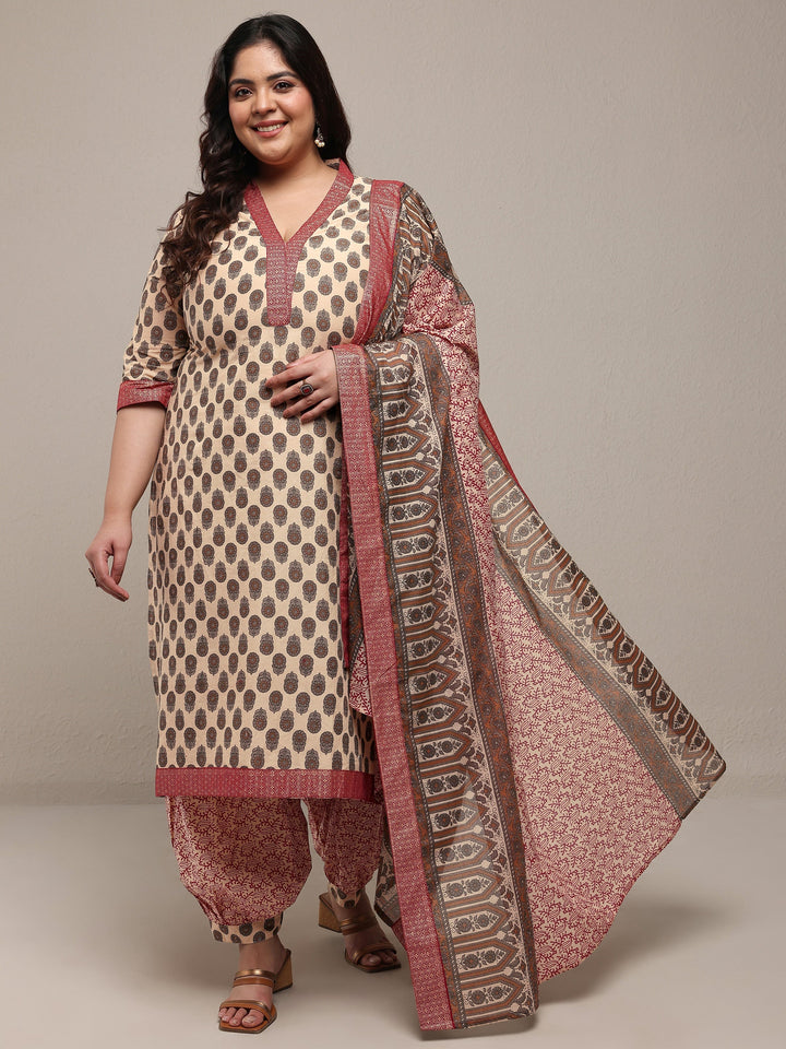 Plus Size Beige Printed Cotton Blend Straight Suit Set With Dupatta