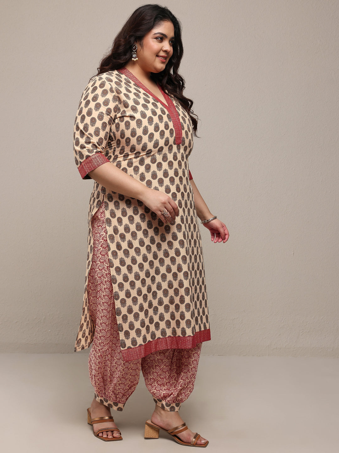 Plus Size Beige Printed Cotton Blend Straight Suit Set With Dupatta