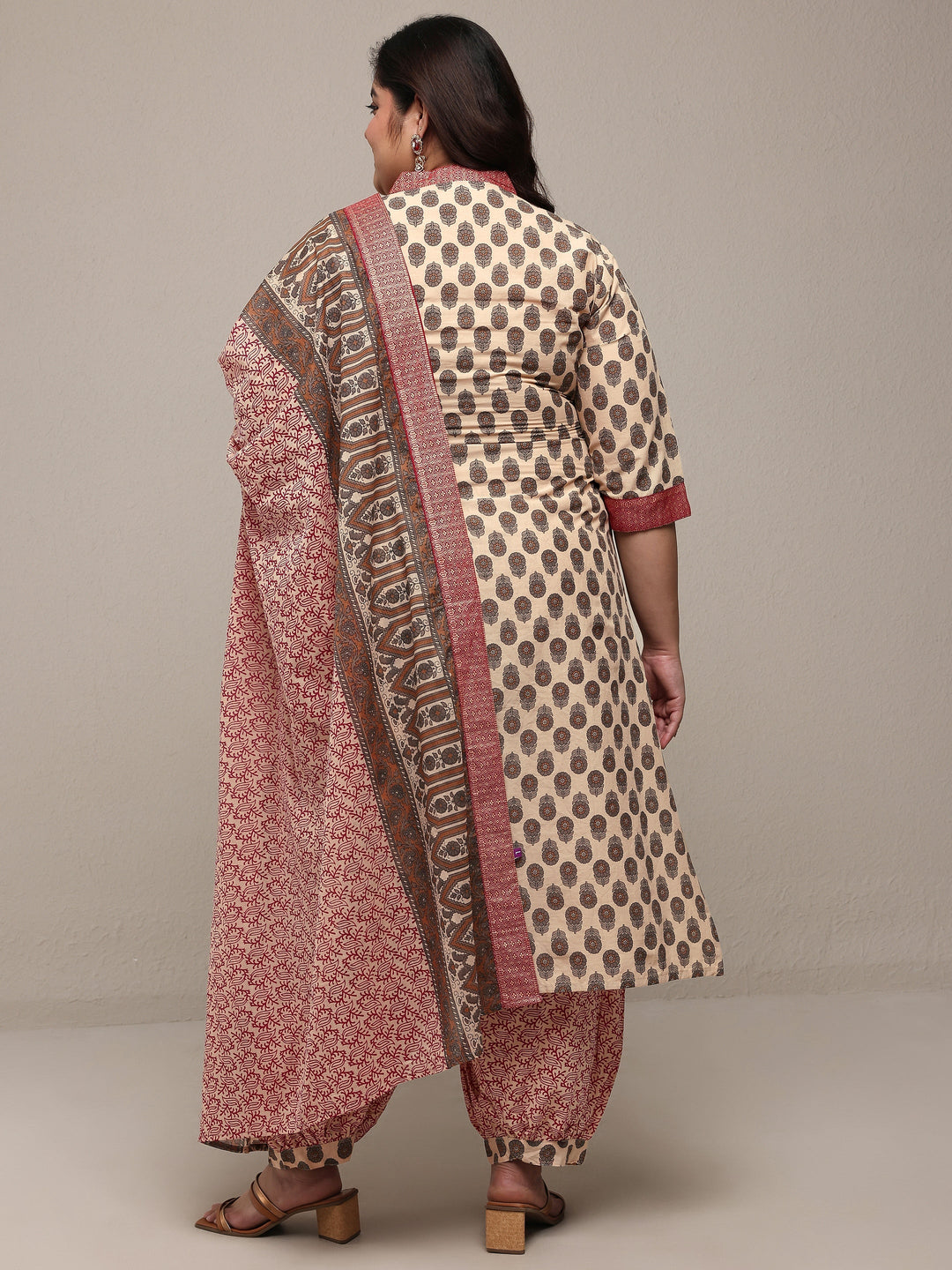 Plus Size Beige Printed Cotton Blend Straight Suit Set With Dupatta