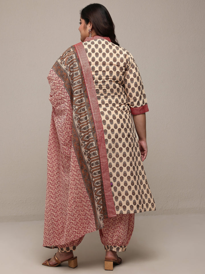 Plus Size Beige Printed Cotton Blend Straight Suit Set With Dupatta