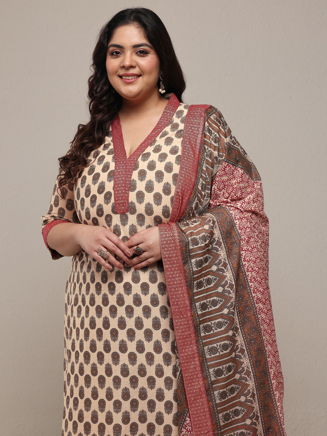 Plus Size Beige Printed Cotton Blend Straight Suit Set With Dupatta