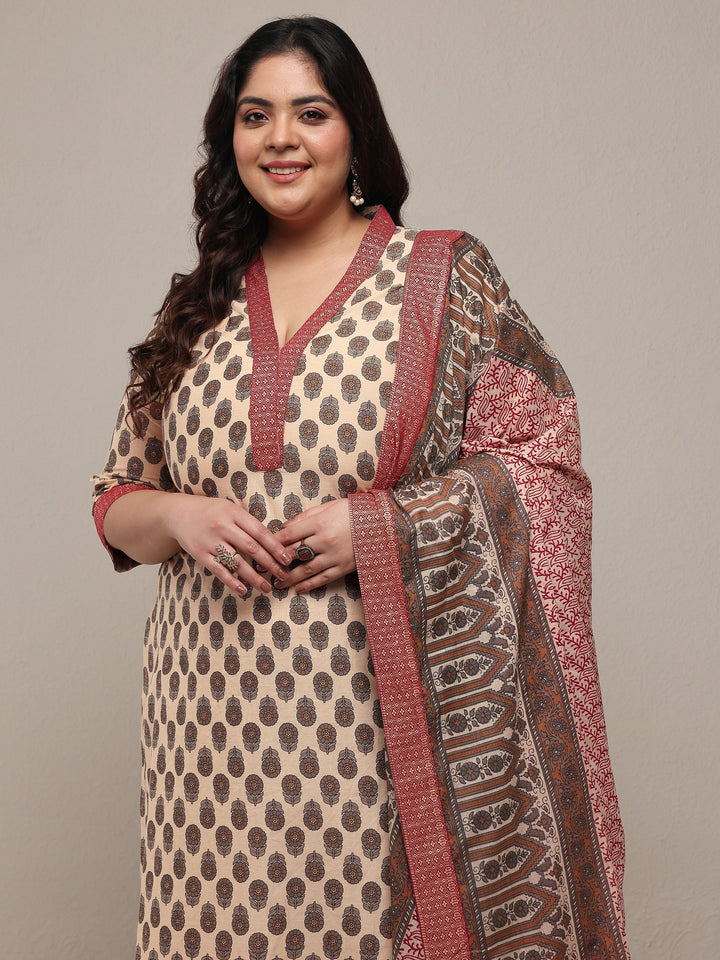 Plus Size Beige Printed Cotton Blend Straight Suit Set With Dupatta