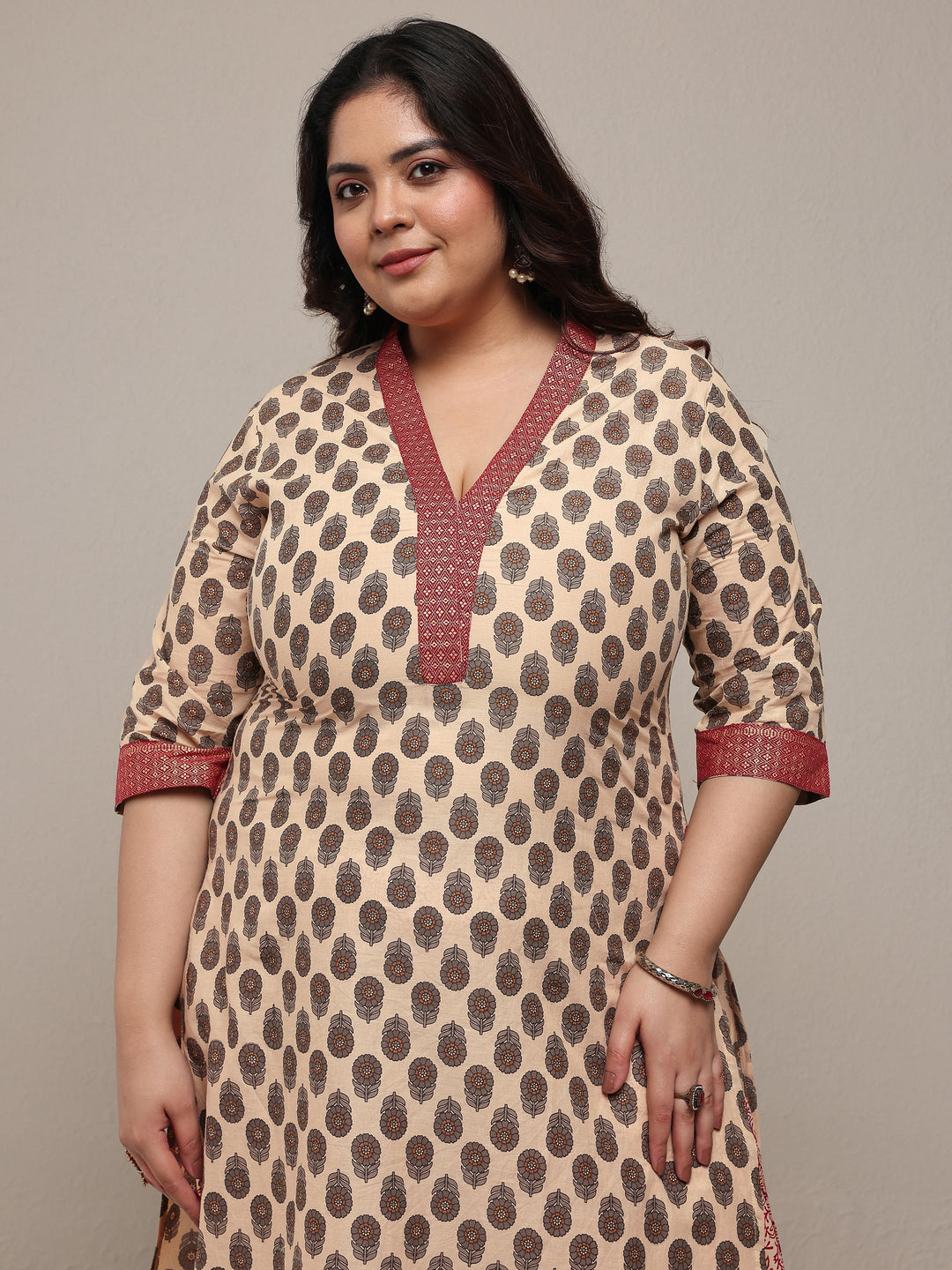 Plus Size Beige Printed Cotton Blend Straight Suit Set With Dupatta