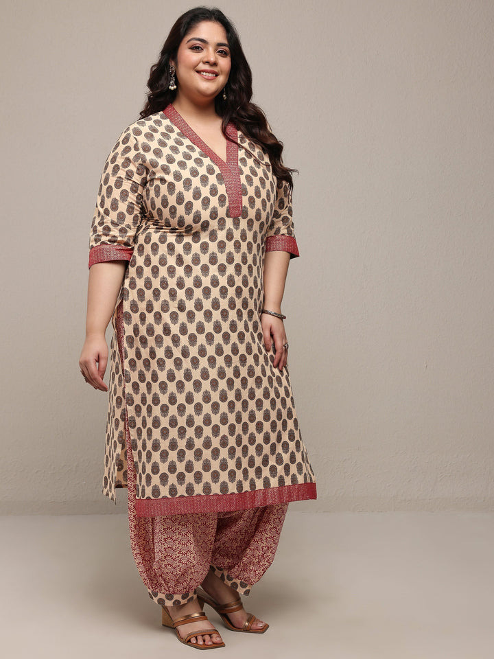 Plus Size Beige Printed Cotton Blend Straight Suit Set With Dupatta