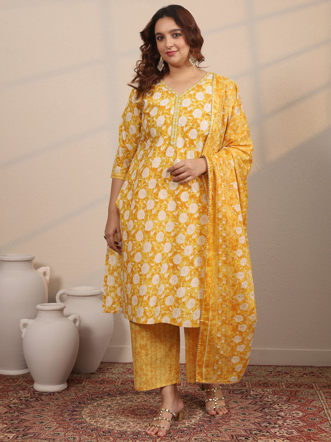 Plus Size Yellow Printed Cotton Straight Suit Set With Dupatta